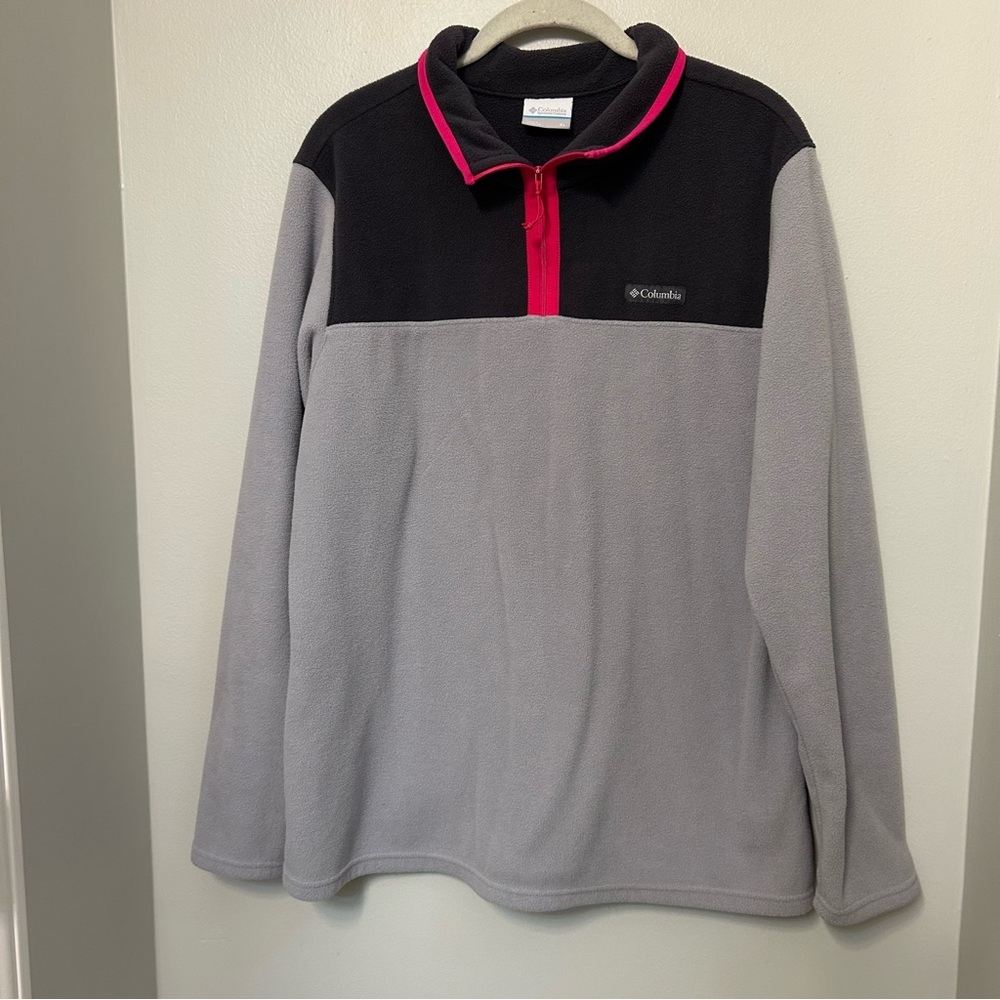 Columbia 1/4 zip Sweatshirt Sweater Womens XL Gray Pink Fleece Pullover EUC